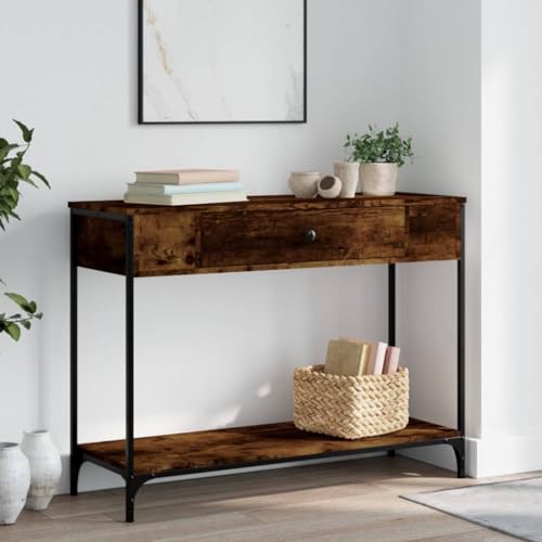 FENLAX Konsolentisch mit Schublade 100x34,5x75 cm Flurtisch mit Schublade Sideboard Konsolentisch mit Ablagen Telefontisch Holz Couchtisch Holzwerkstoff&Metall Räuchereiche von FENLAX