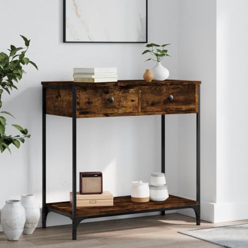 FENLAX Konsolentisch mit Schublade 75x34,5x75 cm Konsolentisch mit Ablagen Beistelltisch mit Schublade Couchtisch Flurtisch mit Schublade Sideboard Holzwerkstoff&Metall Räuchereiche von FENLAX