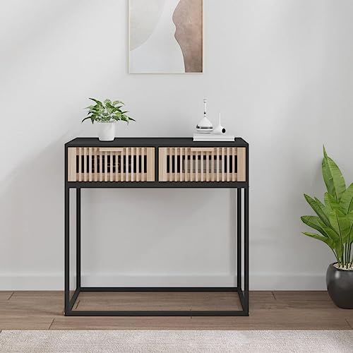 FENLAX Konsolentisch mit Schublade 80x30x75 cm Konsolentisch mit Ablagen Beistelltisch mit Schublade Flurtisch Sideboard Telefontisch Holz Couchtisch Kiefernholz&Eisen Schwarz von FENLAX