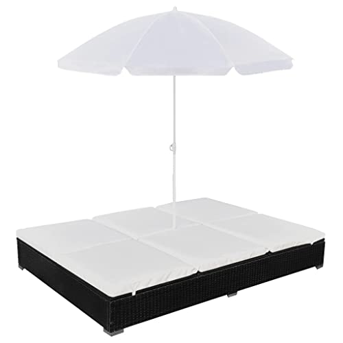 FENLAX Outdoor-Loungebett mit Sonnenschirm Poly Rattan Schwarz 197x140x190 cm Poolliege Outdoor Gartenbett Outdoor Balkon Bett Outdoor Liegesessel Outdoor Gartenmöbel Liege Gartenliege Polyrattan von FENLAX