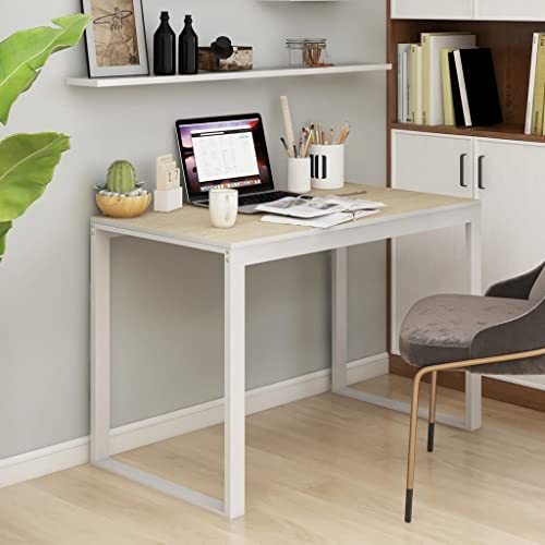 FENLAX Schreibtisch Büro Weiß und Eiche-Optik 110x60x73 cm Holzwerkstoff Stilvolles Design Raumdekor Arbeitstisch Robuster Rahmen Homeoffice Arbeitsbereich Arbeitszimmer von FENLAX