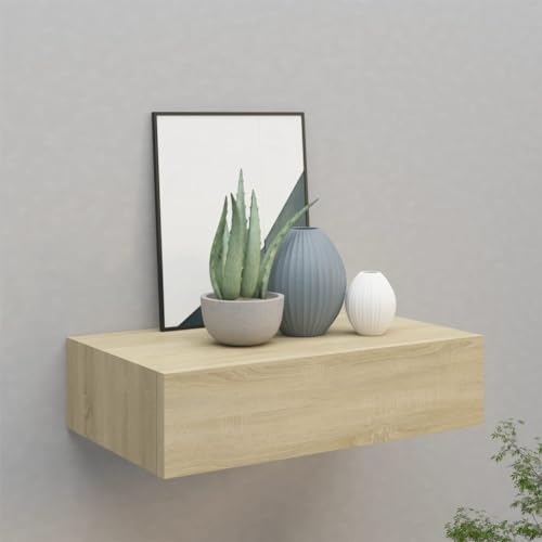 FENLAX Schubladenregal 40x23,5x10 cm MDF, Metall Eichefarben Wandschrank Wandboard Mit Schublade Schweberegal Mit Schublade Wandregal Mit Schubladen Hängeschublade Wohnwand Modern Hängeschrank von FENLAX