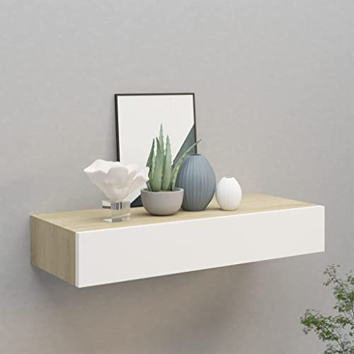 FENLAX Schubladenregal 60x23,5x10 cm MDF, Metall Eichenbraun und Weiß Wandschrank Wandboard Mit Schublade Schweberegal Mit Schublade Wandregal Mit Schubladen Hängeschublade Modern Hängeschrank von FENLAX