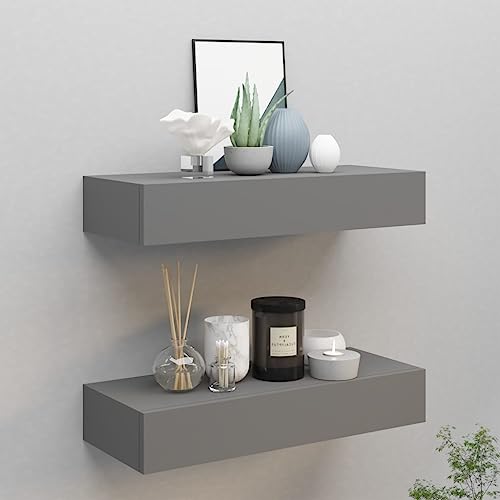 FENLAX Schubladenregal Wandregal Mit Schubladen 2 Pcs 60x23,5x10 cm MDF, Metall Grau Wandschrank Schweberegal Mit Schublade Hängeschublade Floating Shelves von FENLAX