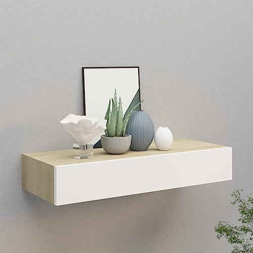 FENLAX Schubladenregal Wandregal Mit Schubladen 60x23,5x10 cm MDF, Metall Eichenbraun und Weiß Wandschrank Schweberegal Mit Schublade Hängeschublade Modern Hängeschrank von FENLAX