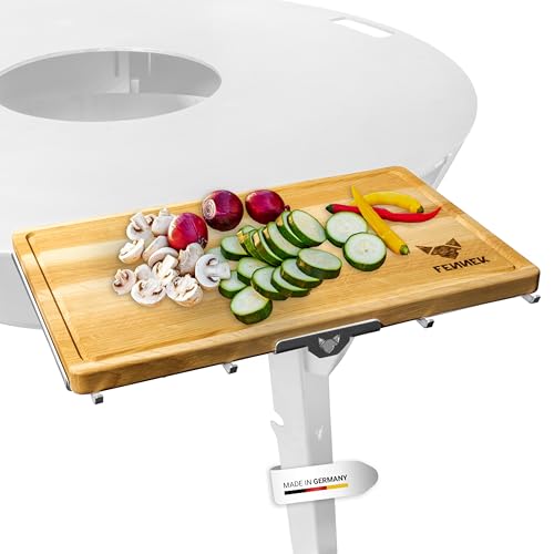 FENNEK Feuerplatte- Universal BBQ Brett- & Besteckhalter inkl. Schneidebrett | Für Feuerplatten Grillplatten 5-15 mm Dicke | Aus Edelstahl & Eiche | Made in Germany von FENNEK