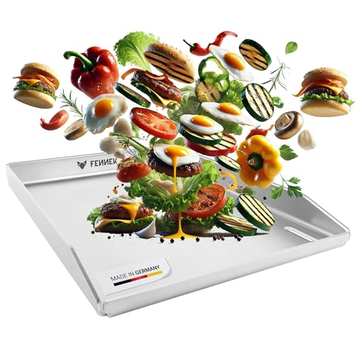 FENNEK Plancha 40 x 30 cm mit Vorderkante & extra großes Ablaufloch | 4,0 mm Edelstahl | Ideal für Burger, Gemüse, Fisch, Steaks uvm. | Spülmaschinenfest | hochgezogene Kanten | Made in Germany von FENNEK