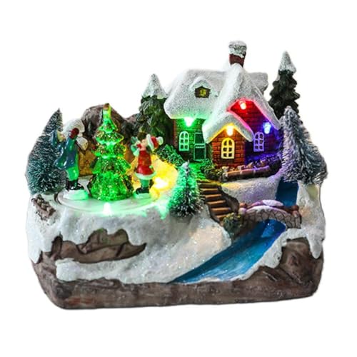 FENOHREFE Weihnachtsdorf Figuren LED Lichter Kleine Fluss Weihnachten Haus Leuchtende Landschaft Figuren Harz Desktop Ornament Weihnachten Dorf Figuren Dekoration Set von FENOHREFE