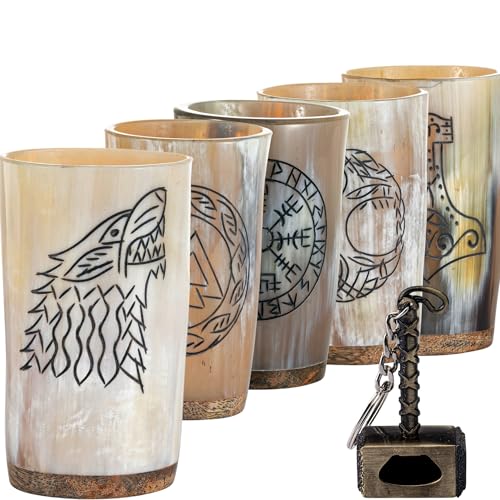 FENRIR Viking Drinking Horn Mugs Set of 5 | Natural Ox Horn Shot Glasses Set | Medieval Viking Horn Cups | Norse Mead Ale Beer Whiskey Stein | Loud Cup Tumbler Horn | Unique Gifts for Men | 10-oz von FENRIR
