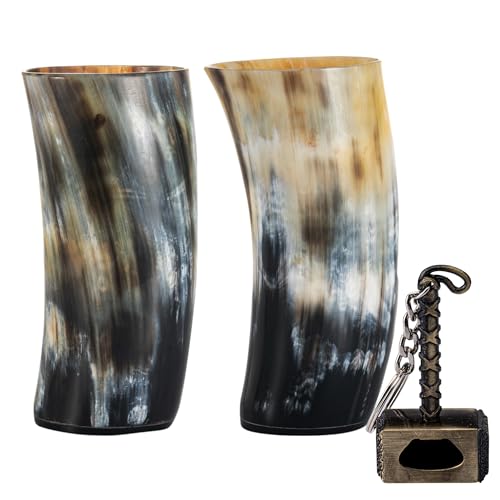 FENRIR Viking Trinkhornbecher, 2er-Set, Ochsenhorn-Kelchgläser, 340 - 368 ml, mit Hammaröffner, cooler, einzigartiger Becher, handgefertigter Kelch, mittelalterlicher Stein für Ale, Met, Whiskey FENRIR Viking Trinkhornbecher, 2er-Set, Ochsenhorn-Kelchgläser, 340 - 368 ml, mit Hammaröffner, cooler, einzigartiger Becher, handgefertigter Kelch, mittelalterlicher Stein für Ale, Met, Whiskey von FENRIR