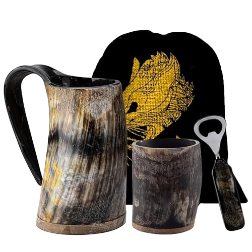 FENRIR Wikinger Trinkhornbecher, Flaschenöffner, Schnapsglas, authentisches handgefertigtes Ochsenhorn, mittelalterlicher Stil, Mead-Bierkrug, nordischer Ale-Bierkrug, lauter Becher mit Horn, von FENRIR