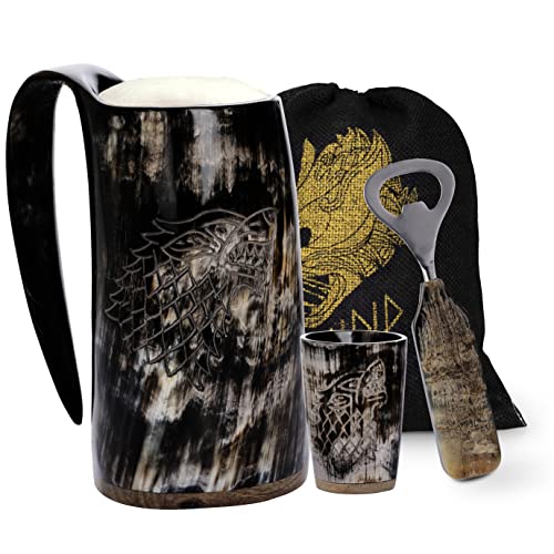 Fenrir Premium Viking Wolf Natürliches Trinkhorn Becher mit kurzem Glas und Flaschenöffner für Ale Beer Kaltgetränke (473 ml) – 3-teiliges Set von FENRIR