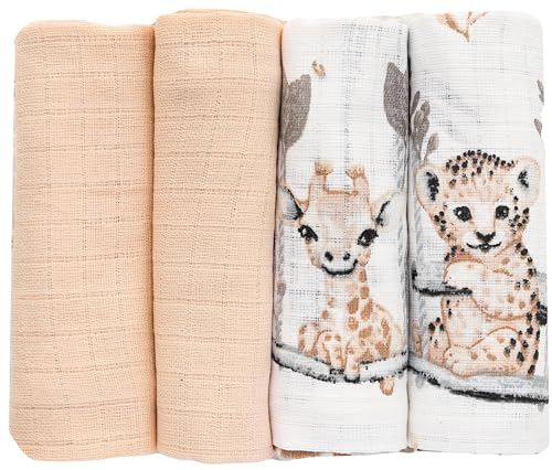FENSILO Spucktücher Mullwindeln 4er Pack 70x80cm Mulltücher Baby Stoffwindeln für Jungen und Mädchen beige Giraffe von FENSILO