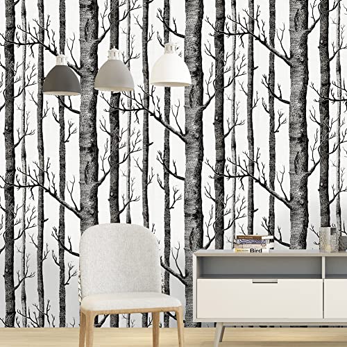 FENTIS Weiß und Schwarz Tapete Birke-Muster Selbstklebend Kontaktpapier Bäume Vinyl-Folie Moderner Stil Wandaufkleber Klebrige Rückseite Plastik Rolle für Dekor Schlafzimmer Wohnzimmer 44.5x500cm von FENTIS
