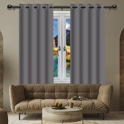 Blickdichte Vorhänge mit Ösen Gardinen 132 x 160 cm Thermo Vorhang Gegen Kälte Und Hitze Wohnzimmer Lärmschutz Thermogardine mit Ösen, Waschbar für Jedes Fenster, Hellgrau von FENYIGE