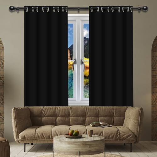 Blickdichte Vorhänge mit Ösen Gardinen 156 x 157 cm Thermo Vorhang Gegen Kälte Und Hitze Wohnzimmer Lärmschutz Thermogardine mit Ösen, Waschbar für Jedes Fenster, Schwarz von FENYIGE