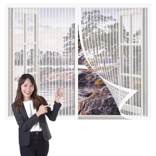 Fliegengitter Fenster 256 x 131 cm Insektenschutz Polyesterfaser Fenster Magnetvorhang Ohne Bohren mit Selbstklebendes Klettband für Terrasse Schlafzimmer Usw., Weiß von FENYIGE