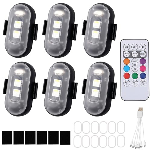 FENYW 6 Stück Kabellose LED Lichter, 8 Farben Wasserdicht Blitzlicht mit Fernbedienung, USB-Aufladung Antikollisionslichter, USB Aufladung Blitzleuchte für Motorrad, Drohne, Camping, Angeln von FENYW