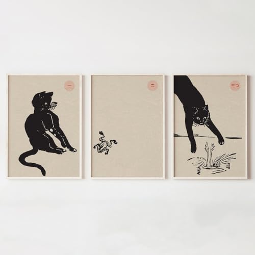 FEOFTIE Japanische Wandkunst, Katzen-Poster, Froschdrucke, Vintage-Kunst, japanischer Frosch, springt im Wasser, Wanddekoration, moderne Kunst, 40,6 x 61 cm, 3 Stück, ungerahmt von FEOFTIE