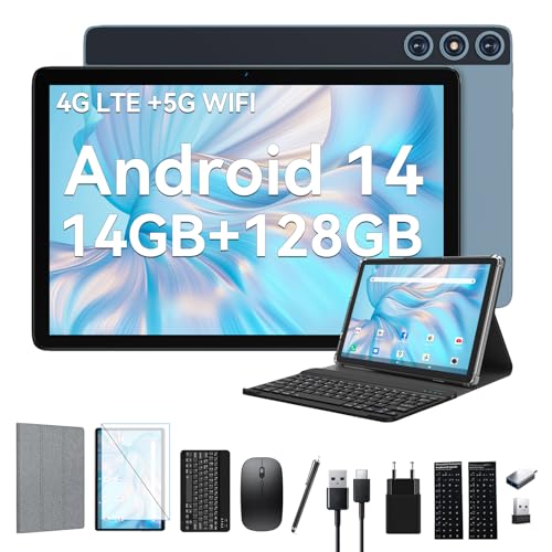 2025 Neueste Android 14 Tablet 10 Zoll, 4G LTE Mit 2 SIM 1 SD Slot, 5G Wifi PC, 14GB+128GB(1TBTF), 3-in-1 Mit Tastatur Maus-Octa-Core, 1080FHD, 13MP+8MP, 7000mAh, Type-C/GPS/OTG-Blau von FEONAL