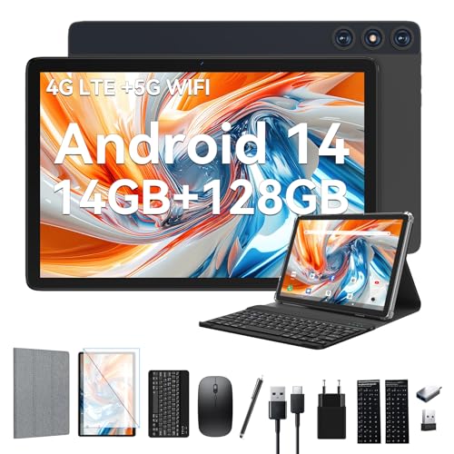 2025 Neueste Android 14 Tablet 10 Zoll,4G LTE Tablets Mit 2 SIM 1 SD slot,5G Wifi Tablet PC Mit 14GB+128GB(1TBTF),3-in-1 Tablet Mit Tastatur Maus-Octa-core,1080FHD,13MP+8MP,7000mAh,Type-C/GPS/OTG-Grau von FEONAL