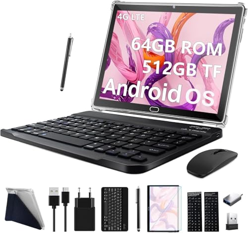 2025 Neueste Tablet 10 Zoll,3-in-1 Android Tablet Mit Tastatur Maus Stift, 4G LTE Tablets Mit 2 SIM 1 SD,64GB ROM 512GB TF-Octa-Core | 1080P FHD | 13MP | 6000mAh | Bluetooth | WLAN GPS Typ C-Grau von FEONAL