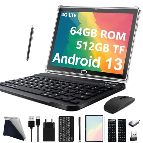 2025 Neueste Tablet 10 Zoll Android 13, 4G LTE Tablets Mit 2 SIM 1 SD, 3-in-1 Tablet Mit Tastatur Maus Stift-64GB ROM 512GB TF |Octa-Core |1080P FHD |13MP |6000mAh |Bluetooth |WLAN GPS Typ C--Schwarz von FEONAL