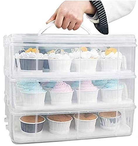 FEOOWV 3-stöckige Cupcake-Tragetasche mit Deckel, für 36 Cupcakes oder 3 große Kuchen, Lebensmittel-Transportbehälter mit 3 stapelbaren Ebenen von FEOOWV