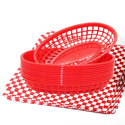 FEOOWV Fast Food Korb im Retro-Stil, 12 Stück, kariertes Deli-Einsatz (100 Stück) Kombination Fast Food Basket Are Dishwasher Safe Disposable Deli Paper Squares for Easy Cleanup (Rot) von FEOOWV