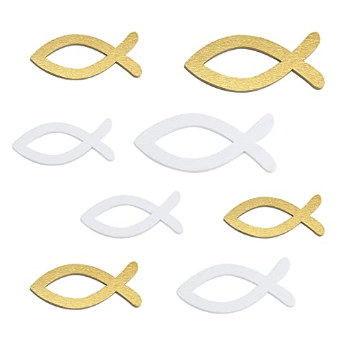 FEPITO 100 Holz Fisch Deko Fische Weiß Gold Streudeko Tischdeko für Taufe, Kommunion und Konfirmation Junge Mädchen Taufedeko von FEPITO