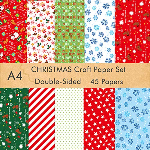 FEPITO 45 Blatt Weihnachtsmuster Papierset, A4 Weihnachtsdekorationspapier für DIY Scrapbook Card Making Dekoration, 10 Designs von FEPITO