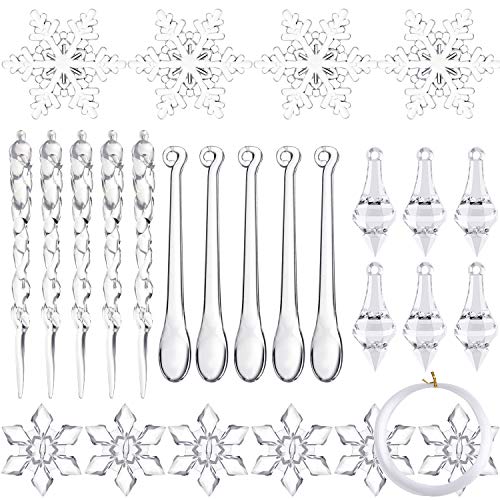 FEPITO 60 PCS Acryl Weihnachtsdekoration Acryl Schneeflocke Eiszapfen Weihnachten Eiszapfen Schneeflocke mit Crystal Line Ornamente Set für Christbaumschmuck von FEPITO