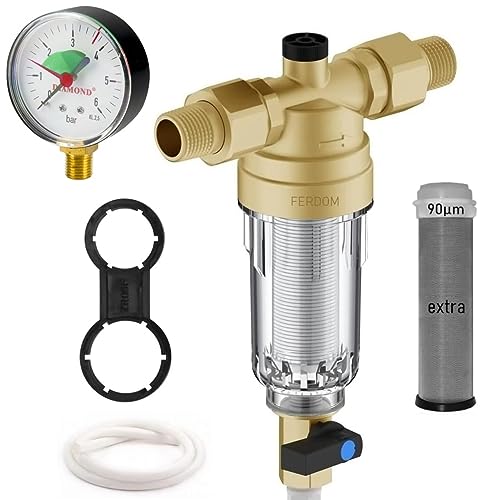 FERDOM FD180 Vorfilter Mit Manometer. Wasserfilter für Sedimente, Wiederverwendbar. Edelstahlgewebe 90 Mikron +Ein Extra. DN15 & DN20 Wasseranschluss, Max. Durchflussmenge: 2,5m3-H. von FERPRO FERDOM