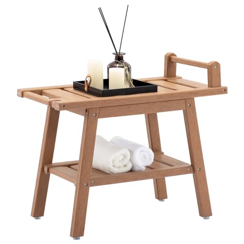 HDPE Duschbank mit Ablage, 61 cm, Teak-Duschhocker für Innendusche, wasserdicht, Armlehne, Spa, Duschstuhl für ältere Menschen, Senioren, Behinderte, Innen- oder Außenbereich von FERFALDER