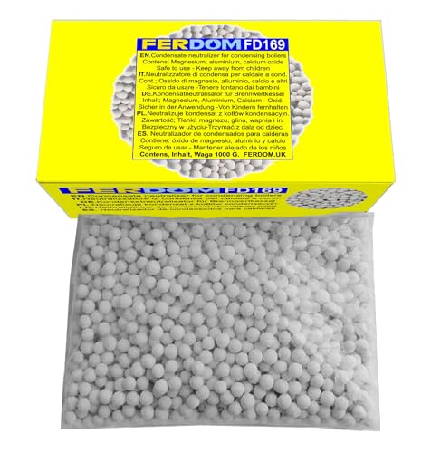 FERDOM FD169 1kg. Kondensatneutralisator für alle Arten von Brennwertkesseln. Schützt das Abwassersystem und die Wasserumgebung. Pellets 5-10mm. pH-Wert 8-10. GHS-Klassifizierung – Sicheres Produkt. von FERPRO FERDOM