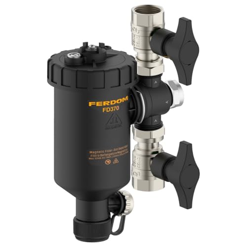 FERDOM FD372 MAXIM 1" (DN25) Magnet-/Hydrozyklonfilter für Heizsysteme. Magnet 11000Gs. Nichtmagnetischer Partikelabscheider – Edelstahl 500µm. Max. 50kW. 3 Anschlüsse/360° Drehung +2 Kugelhähne 1" von FERPRO FERDOM