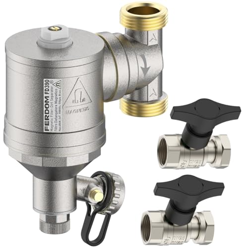 FERDOM "STRONG" FD392 1"/DN25 Magnetischer Filter/Hydrozyklon für Heizungsanlagen etc. Magnet 10000Gs. Mit 500µm Inox Nicht-Magnetischem Partikelabscheider. Max.40kW, 360 Grad Verb.+2 Kugelhähne 1" von FERPRO FERDOM