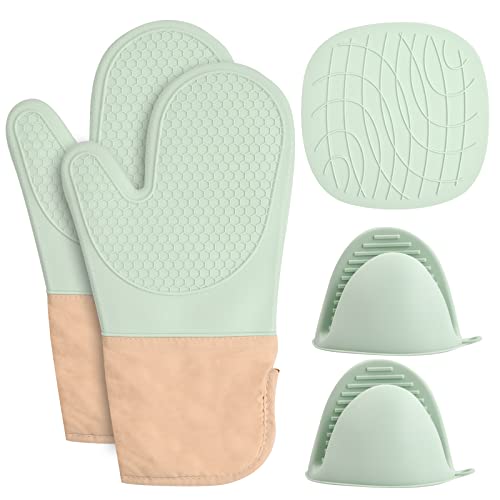 5pcs Topflappen Set Ofenhandschuhe Silikon Topfhandschuhe Silikon Topflappen Handschuh Ofenhandschuhe Hitzebestaendig Backofenhandschuhe Hitzebeständig Wasserdicht von FESSOSKO