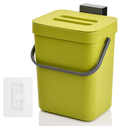 Kleiner Komposteimer für die Küche Biomülleimer aus Kunststoff 3L, Lebensmittelabfalleimer Hängender Kleiner Mülleimer für Arbeitsplatte mit Henkel & Deckel, 6.2 * 5.1 * 8cm (Grün) von FESSOSKO
