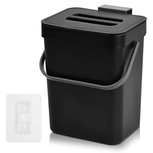 Kleiner Komposteimer für die Küche Biomülleimer aus Kunststoff 3L, Lebensmittelabfalleimer Hängender Kleiner Mülleimer für Arbeitsplatte mit Henkel & Deckel, 6.2 * 5.1 * 8cm (Schwarz) von FESSOSKO