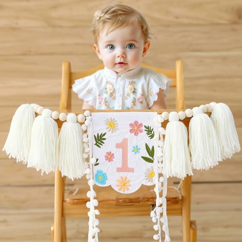 FESTELLAR One Banner Stickerei First Birthday Hochstuhl Schmetterling Fee Mädchen Hochstuhl Banner Happy 1st Party One Year Old Wildflower von FESTELLAR