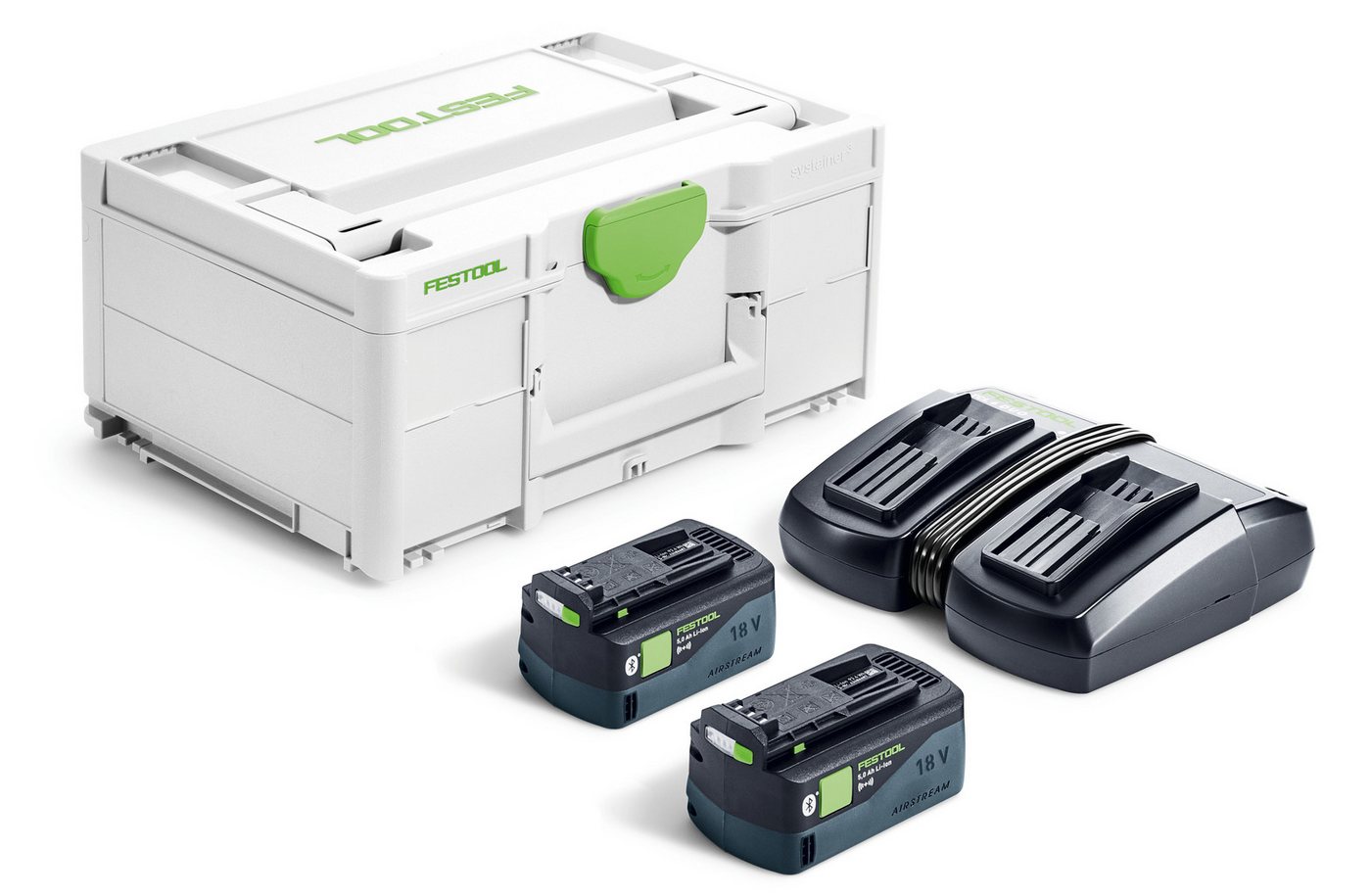 FESTOOL Elektrowerkzeug-Set Gut verpackt und schnell geladen: Zwei 5,0 Ah Akkupacks. Ein DUO-S FESTOOL Elektrowerkzeug-Set Gut verpackt und schnell geladen: Zwei 5,0 Ah Akkupacks. Ein DUO-S von FESTOOL
