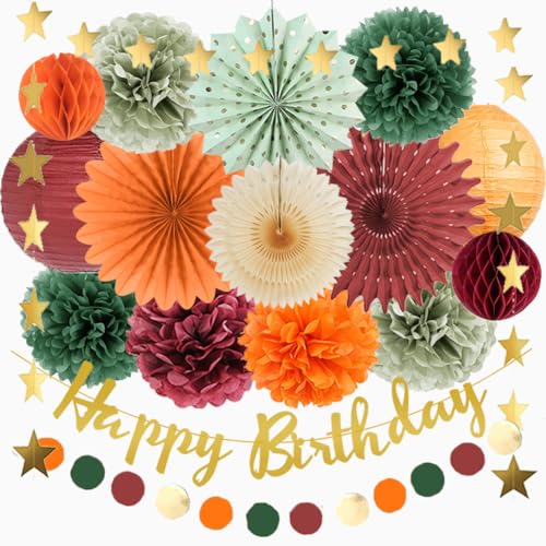 Geburtstagsdeko Herbst Orange Grün Rot Herbstliche Deko Geburtstag Herbst Party Salbeigrün Orange Pompons Rot Salbei Grün mit Happy Birthday Girlande Gold für Geburtstag Mädchen Frau Herbstdeko von FETETIJD