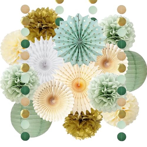 Salbeigrün Partydekorationen Salbeigrün Creme Gold Seidenpapier Pom Poms Papierfächer Olive Salbei Gold Kreis Punkte Girlande für Salbei Geburtstag Babyparty Verlobung Brautdusche Hochzeit Party von FETETIJD