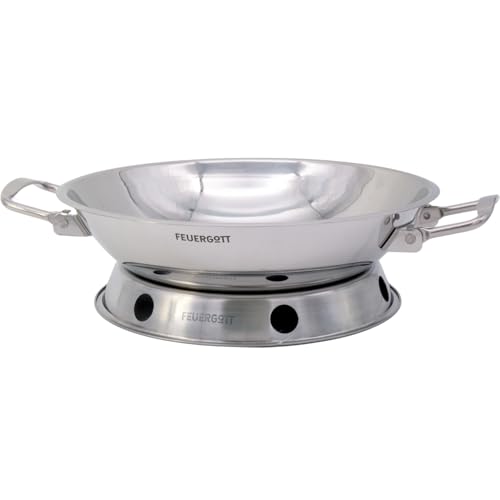 FEUERGOTT Wok Pfanne Edelstahl Ø 30 cm inkl. Wokring - mit abklappbaren Griffen, runder Boden, spülmaschinengeeignet, für Grill, Gasherd, Induktion von FEUERGOTT