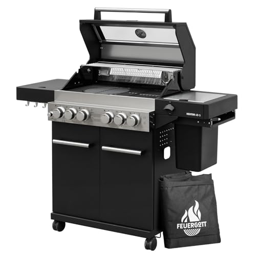 Feuergott Gasgrill Hektor 4B-S Edelstahl Gasgrillstation 4 Brenner, Infrarot Sear-Brenner, Gusseisen-Grillrost, Heckbrenner, Seitenkocher und Kochplatte Inkl. Abdeckhaube für Garten, Terrasse von FEUERGOTT