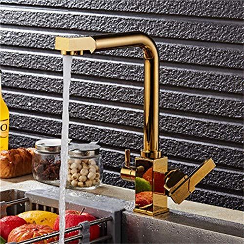 FEWDSCA Armaturen, Küchenarmatur Messing-Finish Wasserhahn Mit Filter 360 Grad Drehbare Küchenarmatur Mit Zwei Griffen Für Warm-D Kaltwasser/Den von FEWDSCA