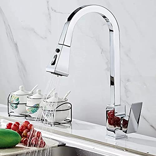 FEWDSCA Wasserhähne, Wasserhahn Küchenarmatur Chrom Einhebel-Küchenarmatur Ausziehbarer Küchenhahn Einlochgriff Schwenkbar 360 Grad Wasser-Mischbatterie Mischbatterie/Chrom von FEWDSCA