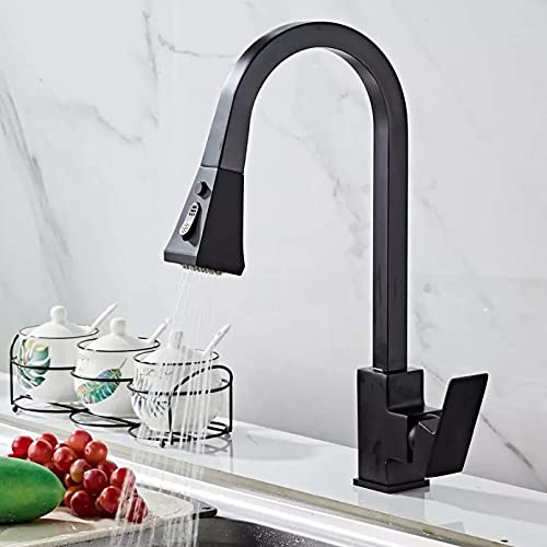 FEWDSCA Wasserhähne, Wasserhahn Küchenarmatur Chrom Einhebel-Küchenarmatur Ausziehbarer Küchenhahn Einlochgriff Schwenkbar 360 Grad Wasser-Mischbatterie Mischbatterie/Schwarz von FEWDSCA