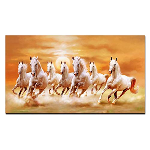 FEWFQ Künstlerische Tiere Sieben laufende weiße Pferd Malerei auf Leinwand Wandmalerei für Wohnzimmer -20X40 Zoll ohne Rahmen 1 STK von FEWFQ